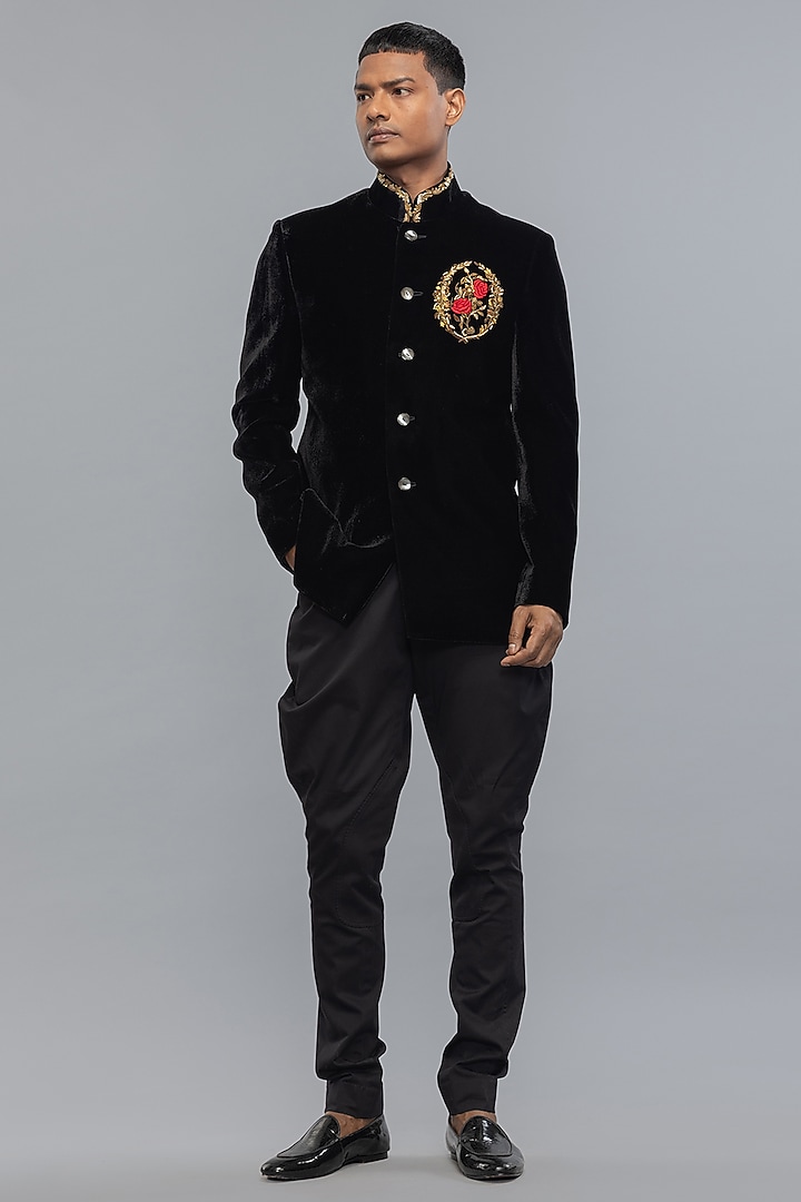 Black Velvet Embroidered Groom Bandhgala Jacket by Rohit Bal Men at Pernia's Pop Up Shop