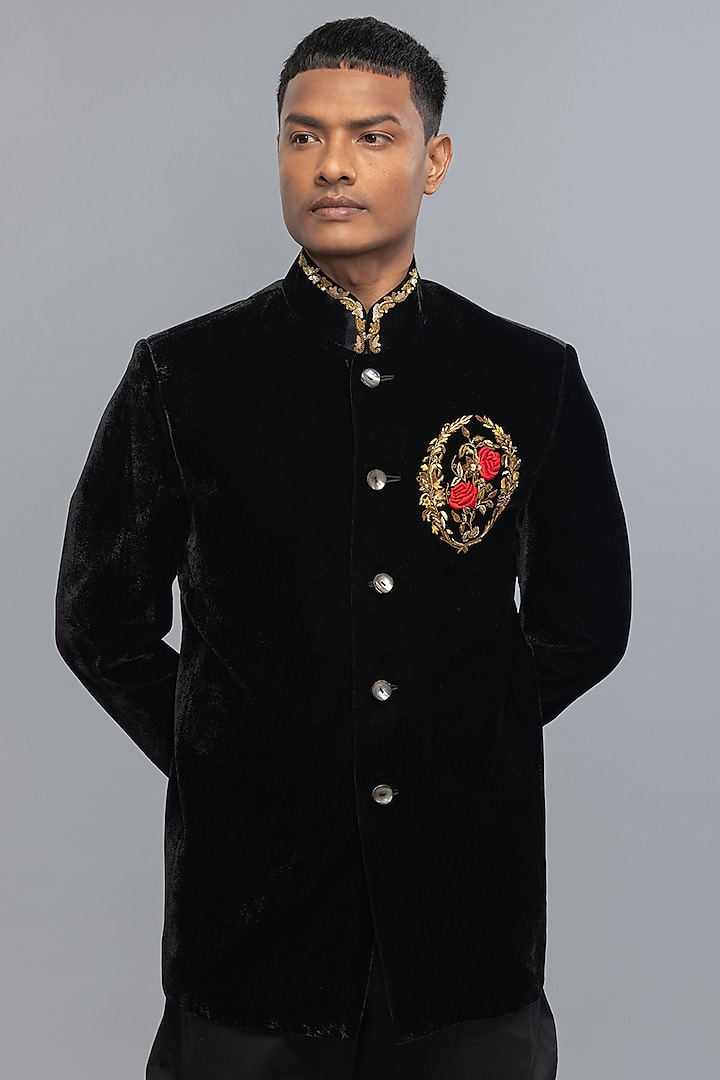 Black Velvet Embroidered Groom Bandhgala Jacket by Rohit Bal Men at Pernia's Pop Up Shop