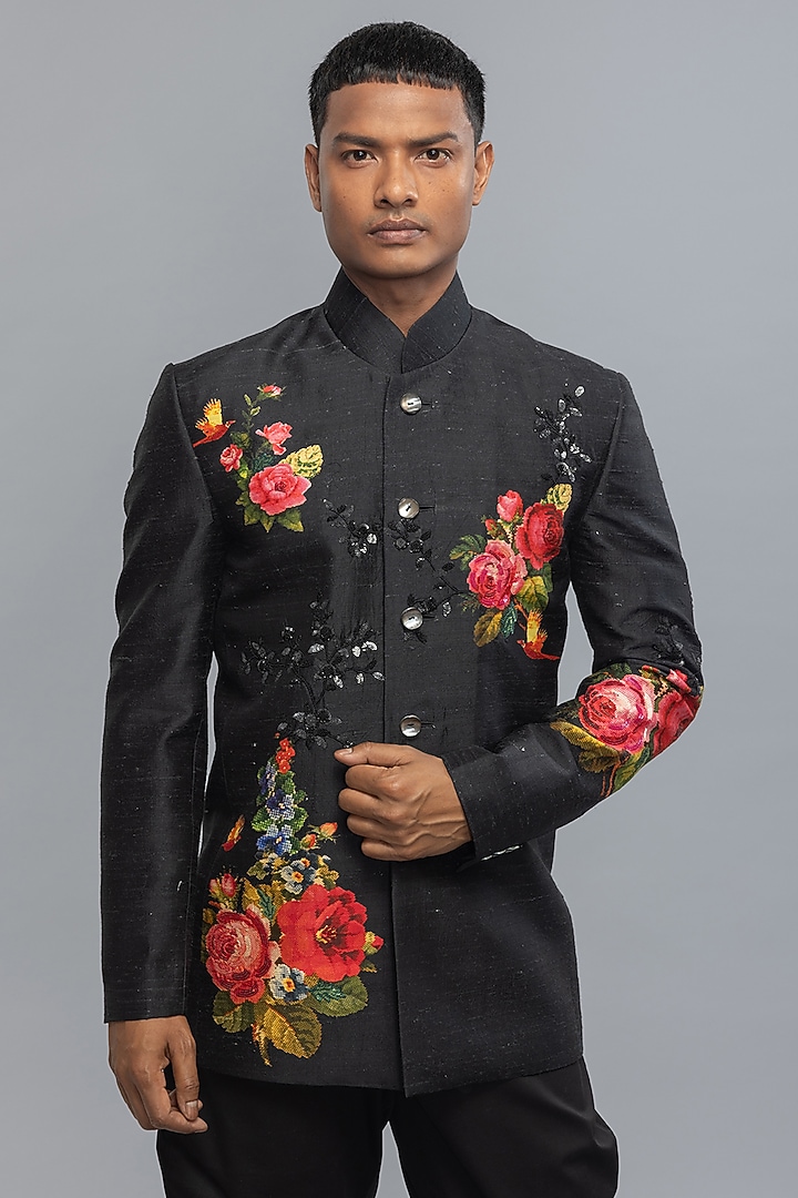 Black Matka Silk Embroidered Groom Bandhgala Jacket by Rohit Bal Men at Pernia's Pop Up Shop