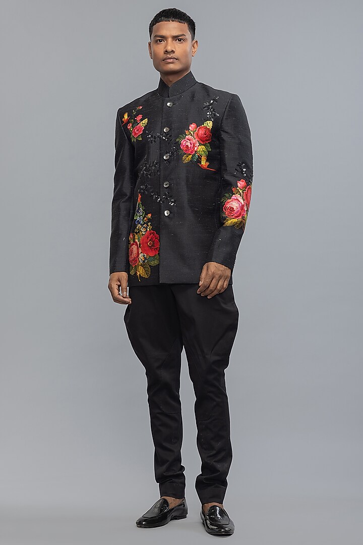 Black Matka Silk Embroidered Groom Bandhgala Jacket by Rohit Bal Men at Pernia's Pop Up Shop