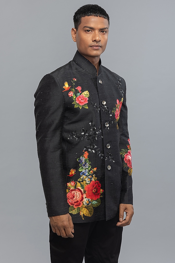 Black Matka Silk Embroidered Groom Bandhgala Jacket by Rohit Bal Men at Pernia's Pop Up Shop