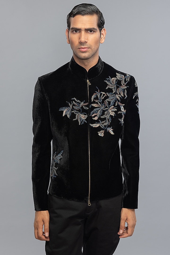 Black Velvet Embroidered Groom Bandhgala Jacket by Rohit Bal Men at Pernia's Pop Up Shop