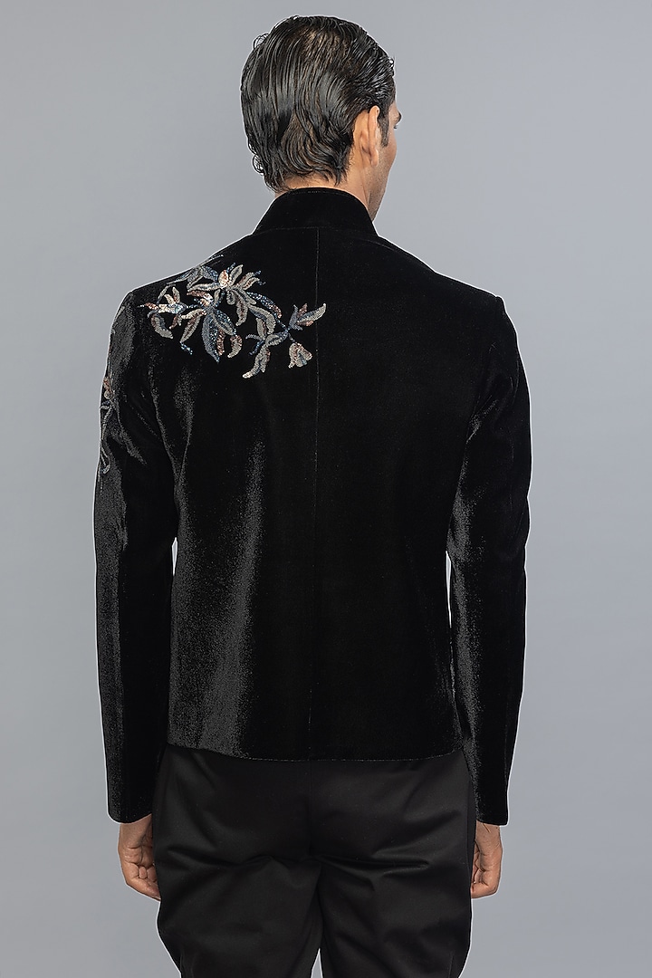 Black Velvet Embroidered Groom Bandhgala Jacket by Rohit Bal Men at Pernia's Pop Up Shop