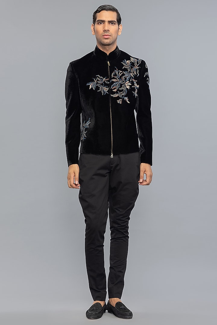 Black Velvet Embroidered Groom Bandhgala Jacket by Rohit Bal Men at Pernia's Pop Up Shop
