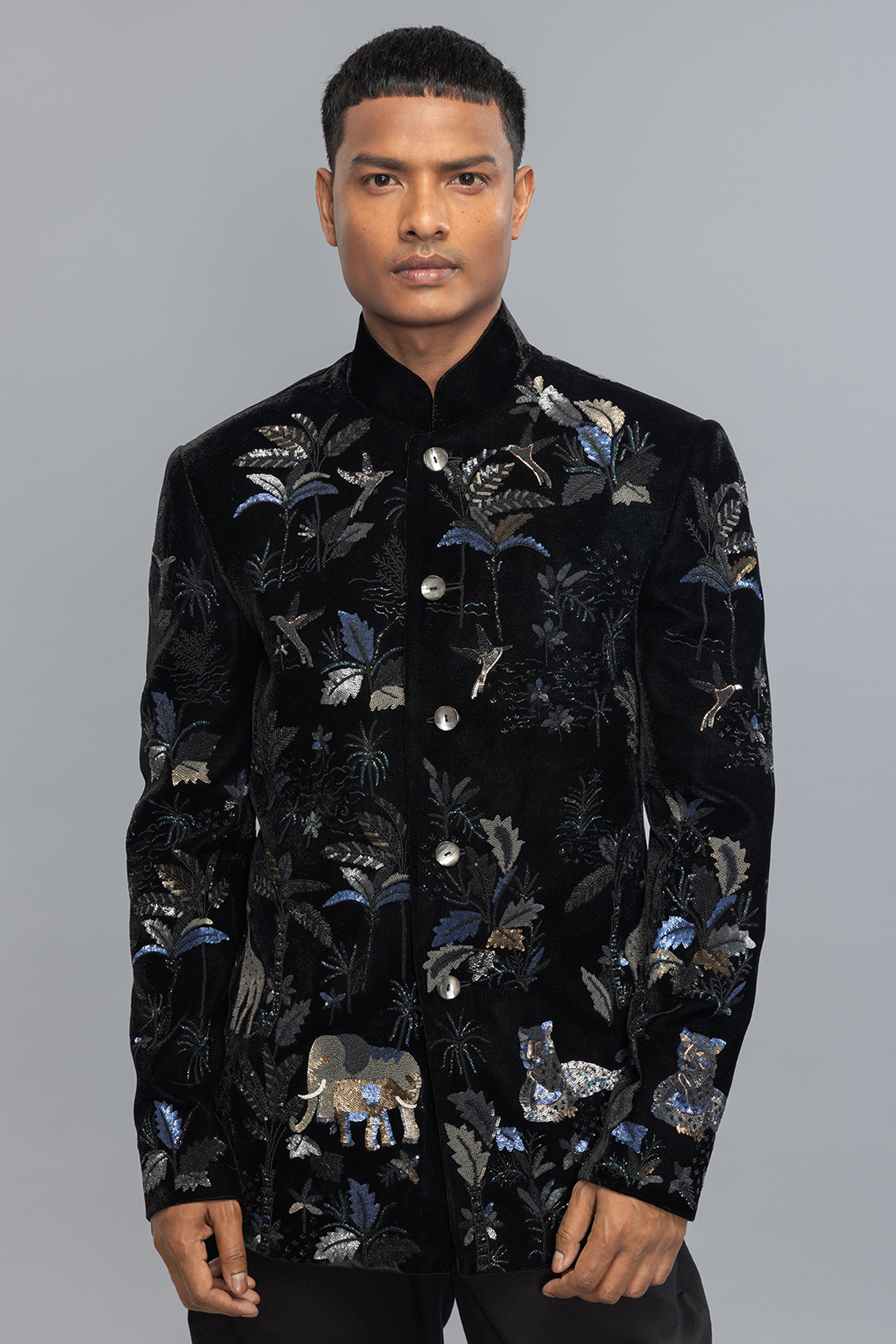 Black Velvet Embroidered Bandhgala Jacket by Rohit Bal Men