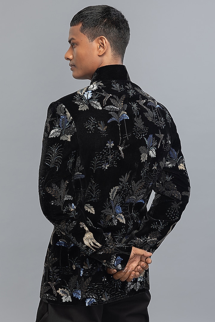 Black Velvet Embroidered Groom Bandhgala Jacket by Rohit Bal Men at Pernia's Pop Up Shop