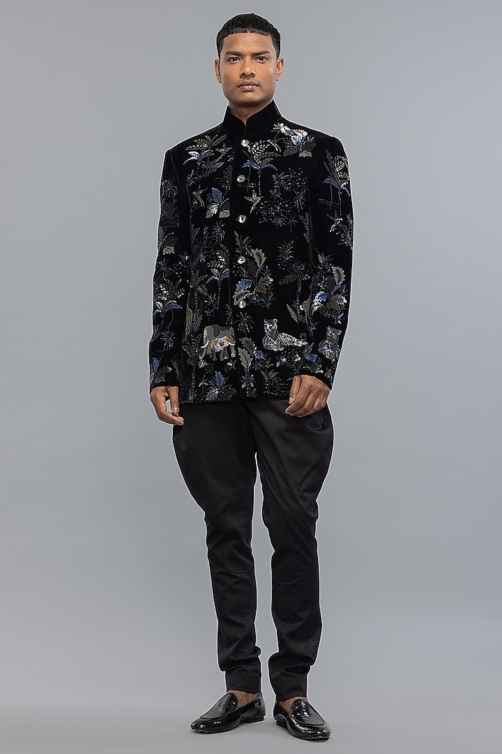 Black Velvet Embroidered Groom Bandhgala Jacket by Rohit Bal Men at Pernia's Pop Up Shop