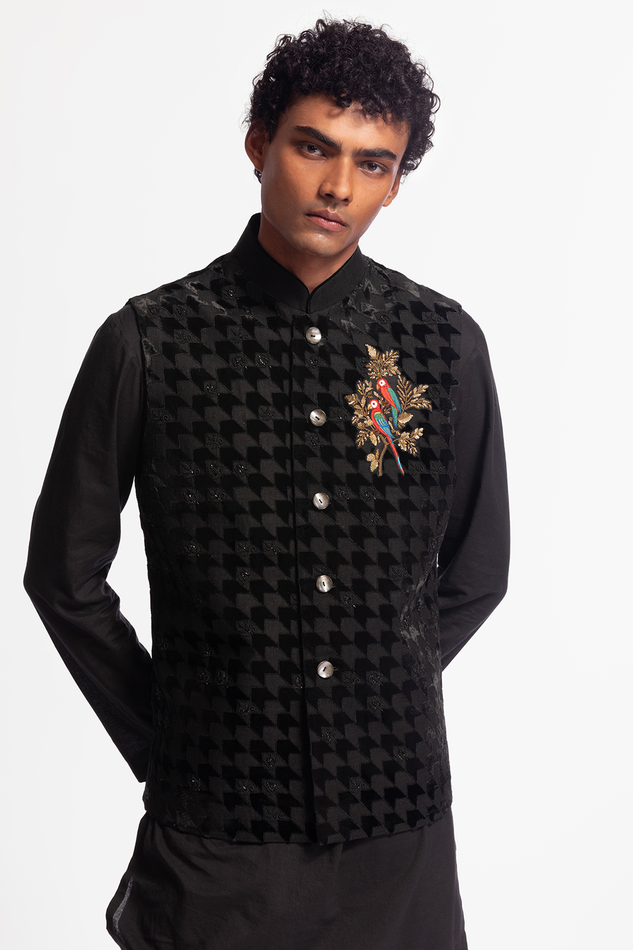 Black Velvet Applique Embroidered Bundi Jacket by Rohit Bal Men