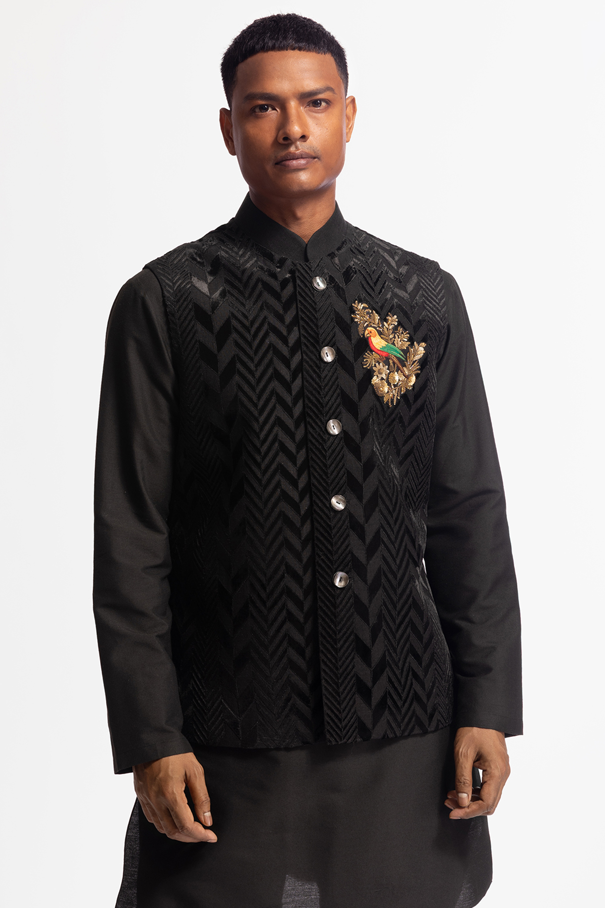 Black Velvet Applique Embroidered Bundi Jacket by Rohit Bal Men