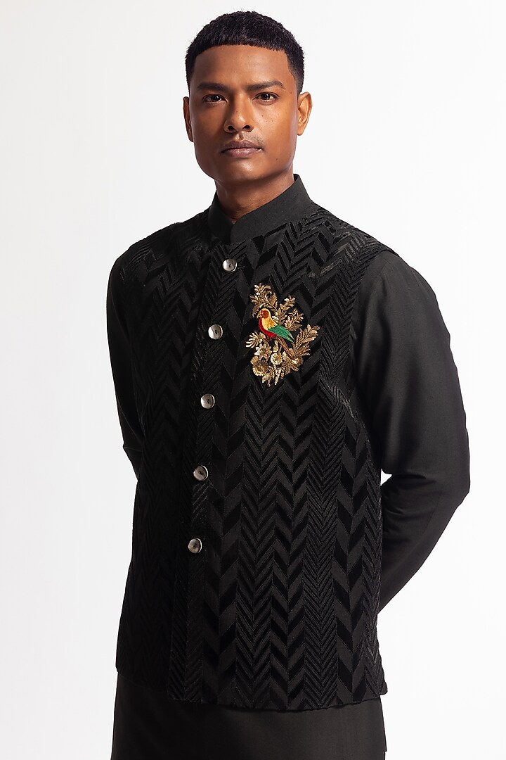 Black Velvet Applique Embroidered Bundi Jacket by Rohit Bal Men at Pernia's Pop Up Shop