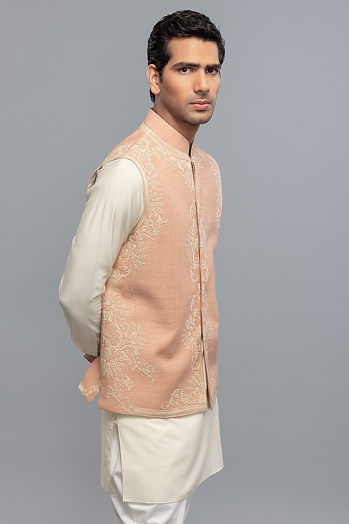 Pink Matka Silk Resham Embroidered Bundi Jacket by Rohit Bal Men at Pernia's Pop Up Shop