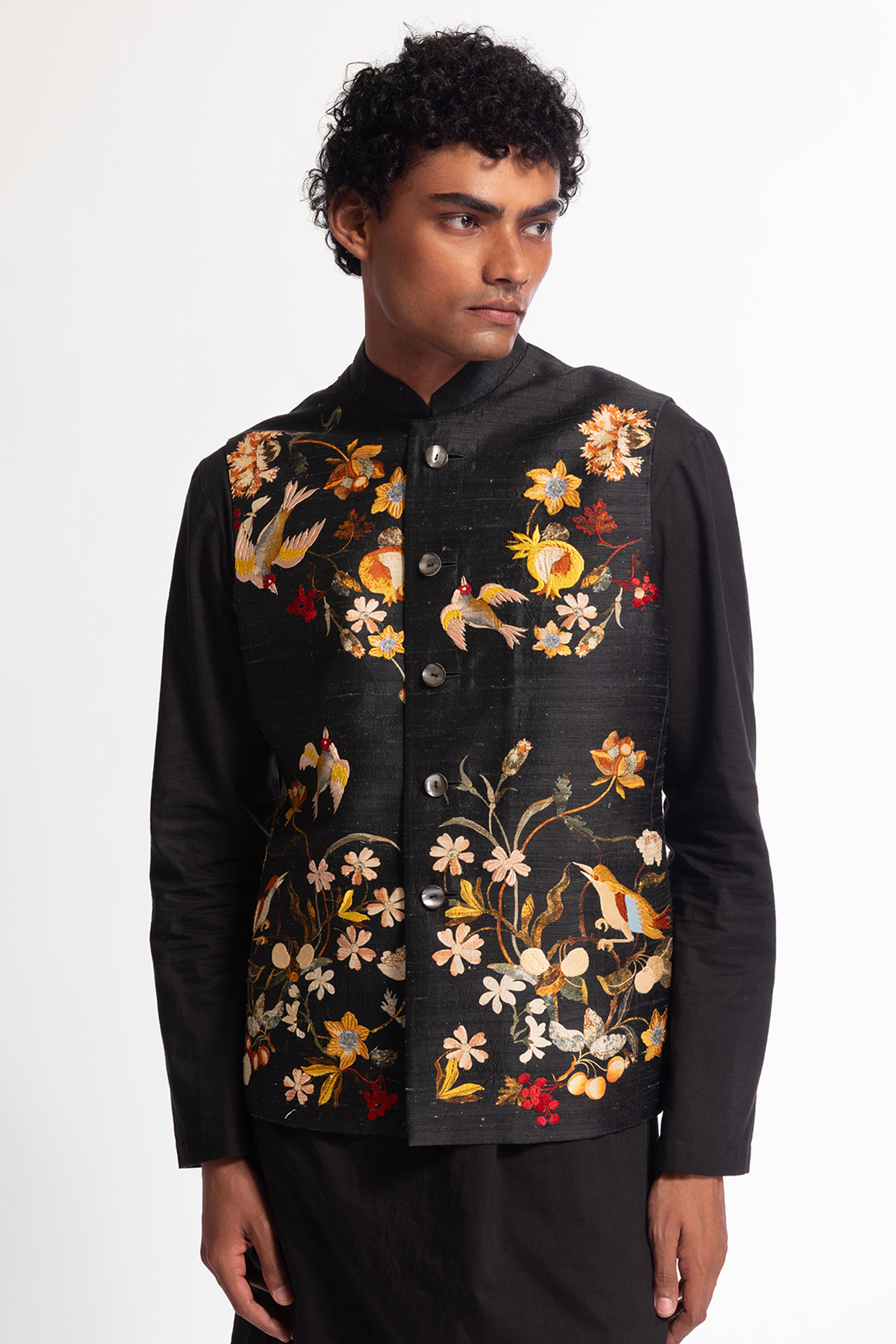 Black Dupion Silk Floral Printed Bundi Jacket by Rohit Bal Men