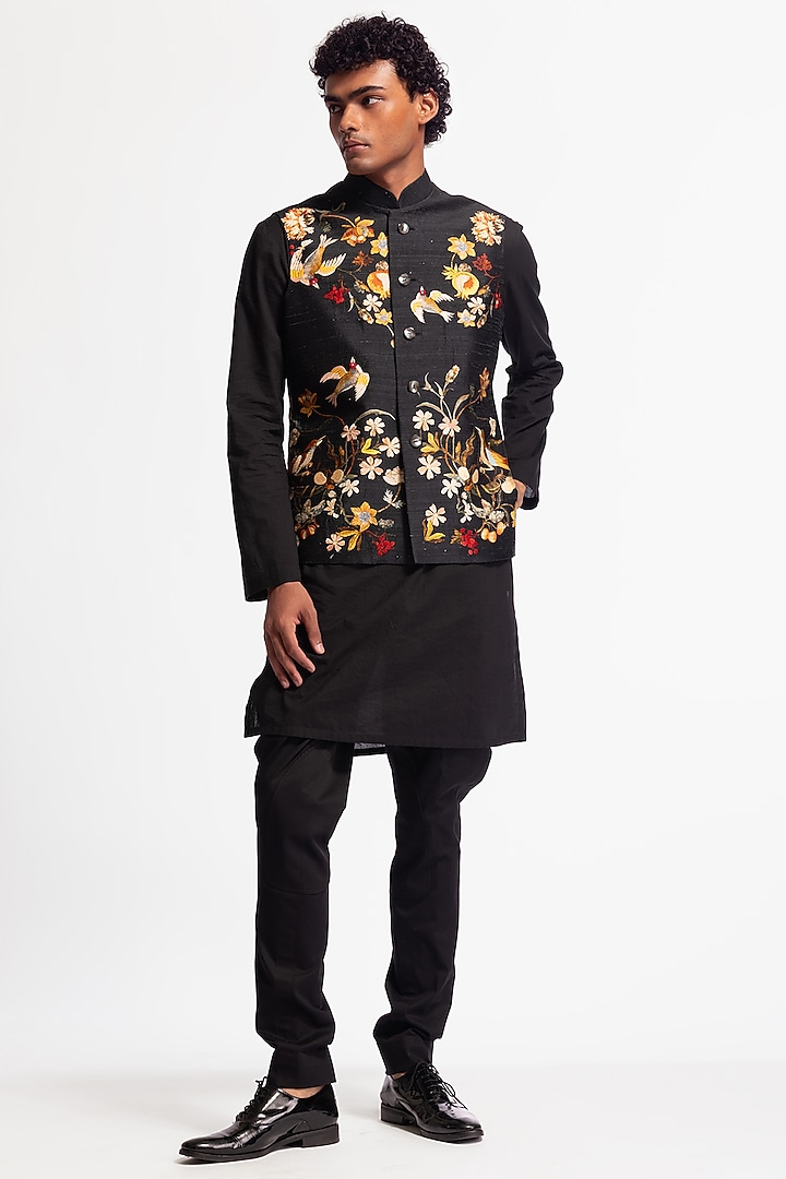 Black Dupion Silk Floral Printed Bundi Jacket by Rohit Bal Men at Pernia's Pop Up Shop