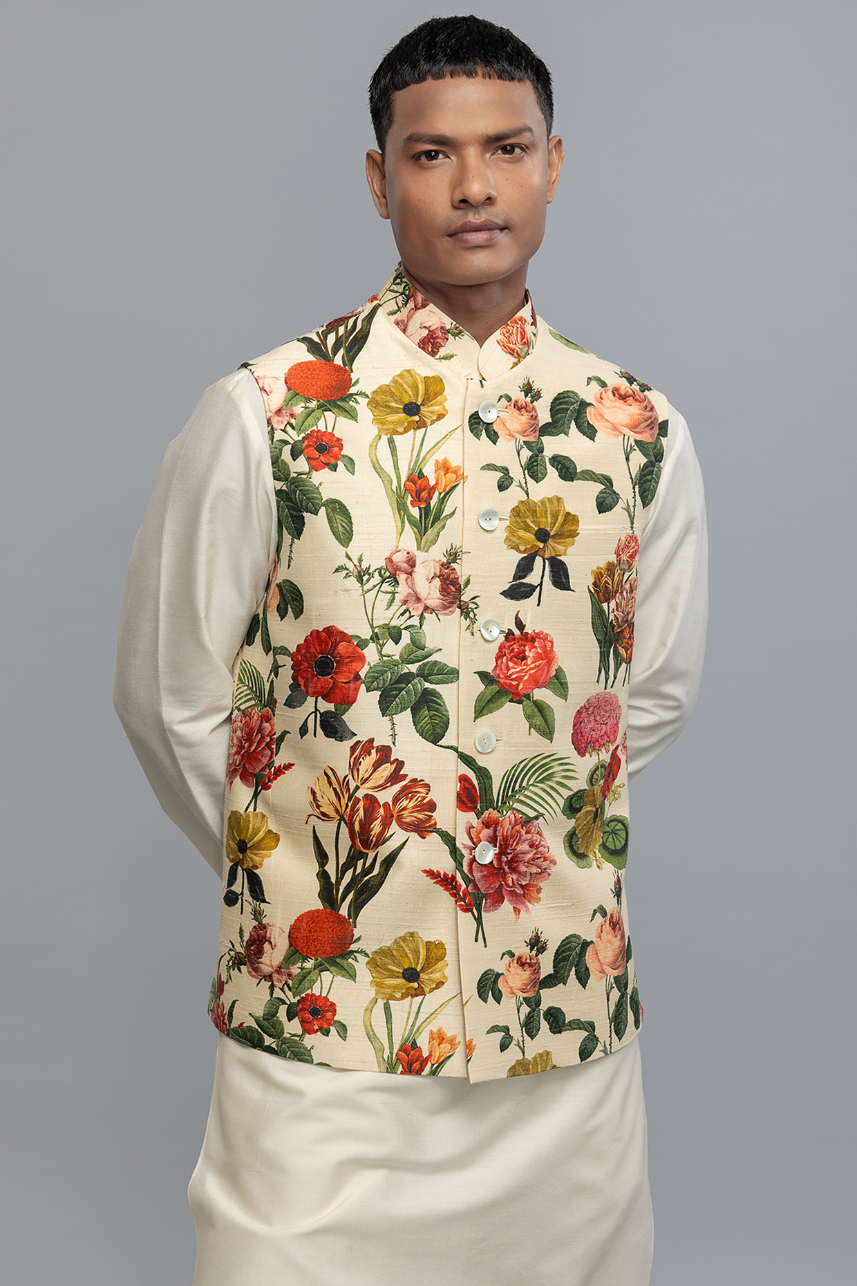 Ivory Dupion Silk Floral Printed Bundi Jacket by Rohit Bal Men
