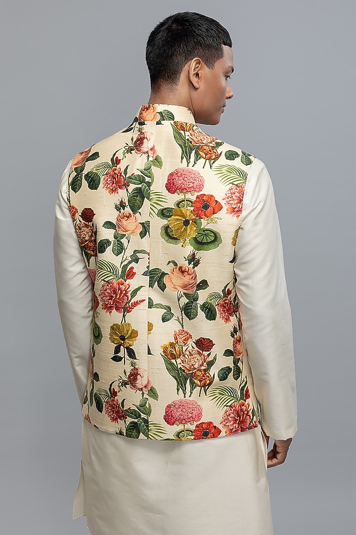 Ivory Dupion Silk Floral Printed Bundi Jacket by Rohit Bal Men at Pernia's Pop Up Shop