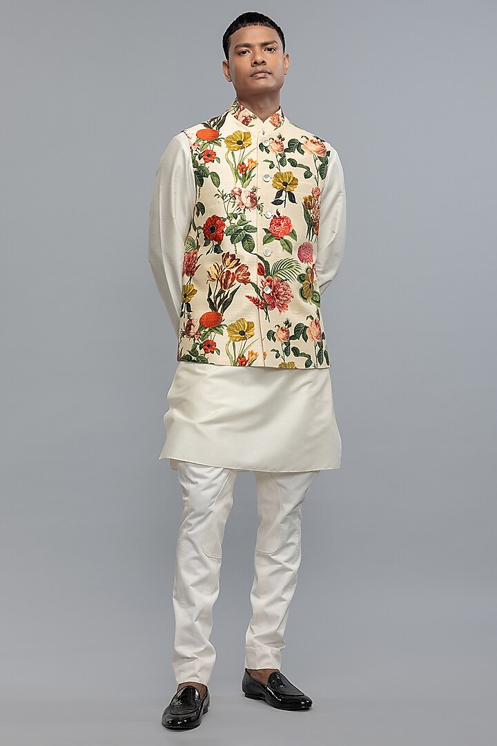 Ivory Dupion Silk Floral Printed Bundi Jacket by Rohit Bal Men at Pernia's Pop Up Shop