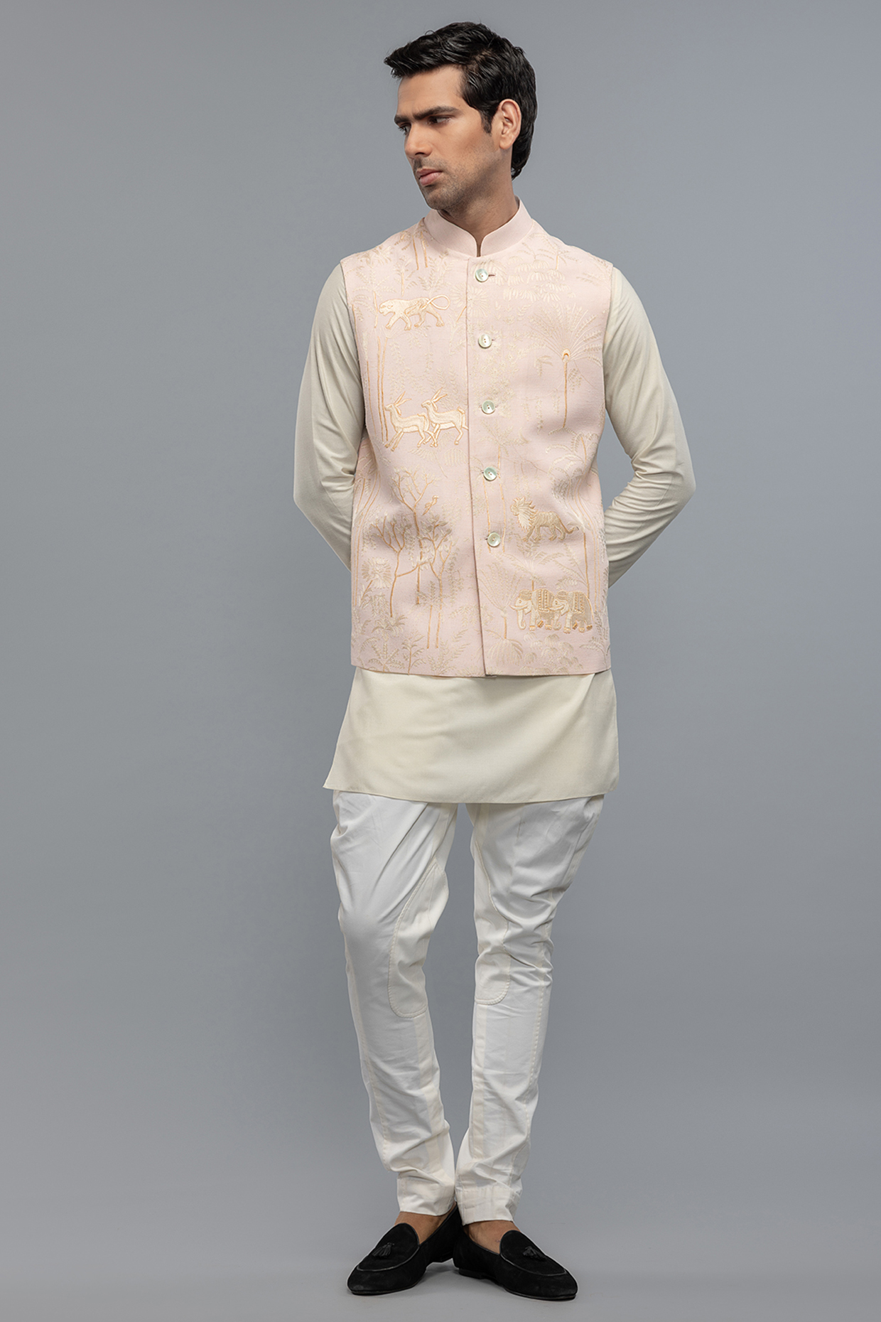 Ivory Matka Silk Resham Embroidered Bundi Jacket by Rohit Bal Men