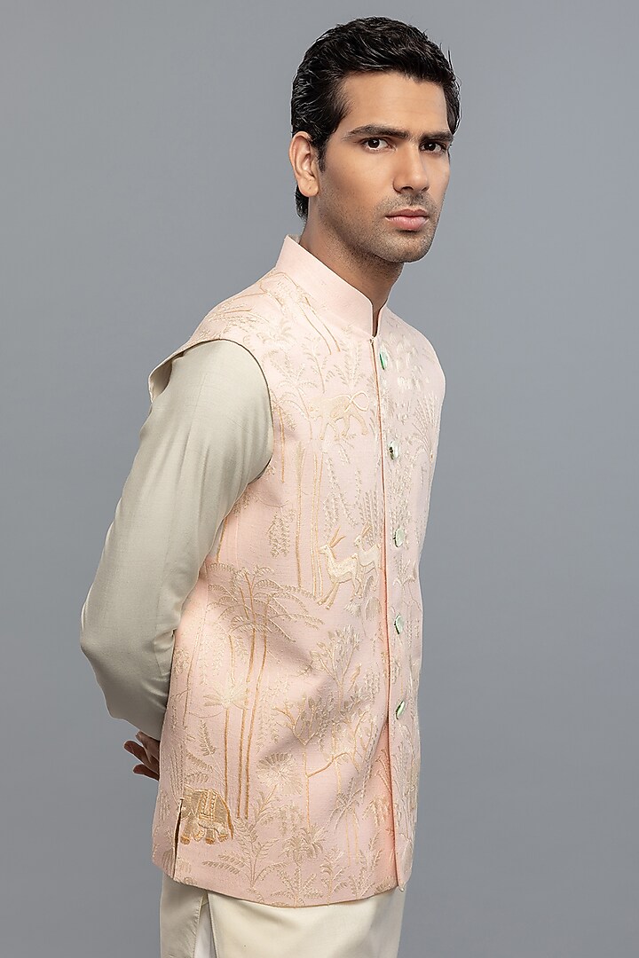 Ivory Matka Silk Resham Embroidered Bundi Jacket by Rohit Bal Men at Pernia's Pop Up Shop