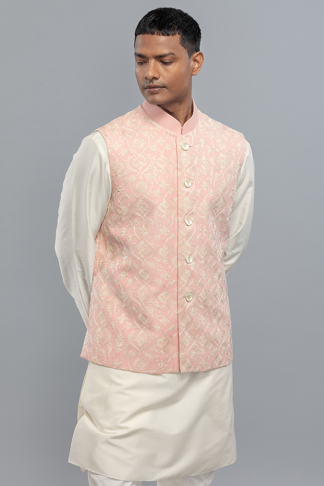 Powder Pink Matka Silk Resham Embroidered Bundi Jacket by Rohit Bal Men