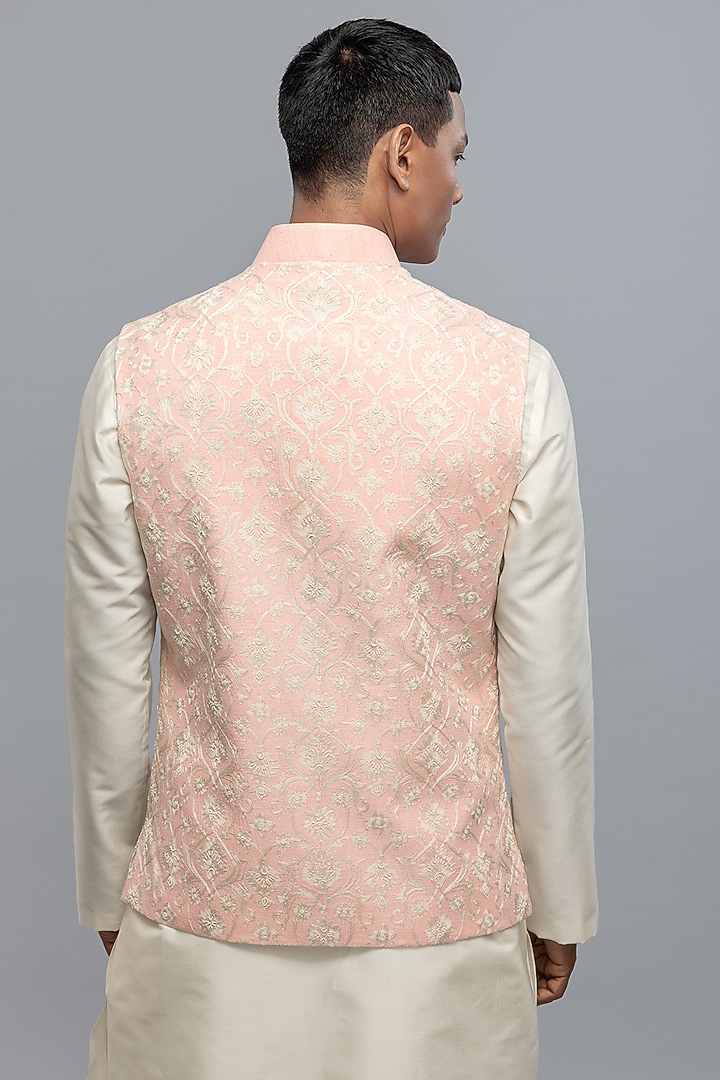 Powder Pink Matka Silk Resham Embroidered Bundi Jacket by Rohit Bal Men at Pernia's Pop Up Shop
