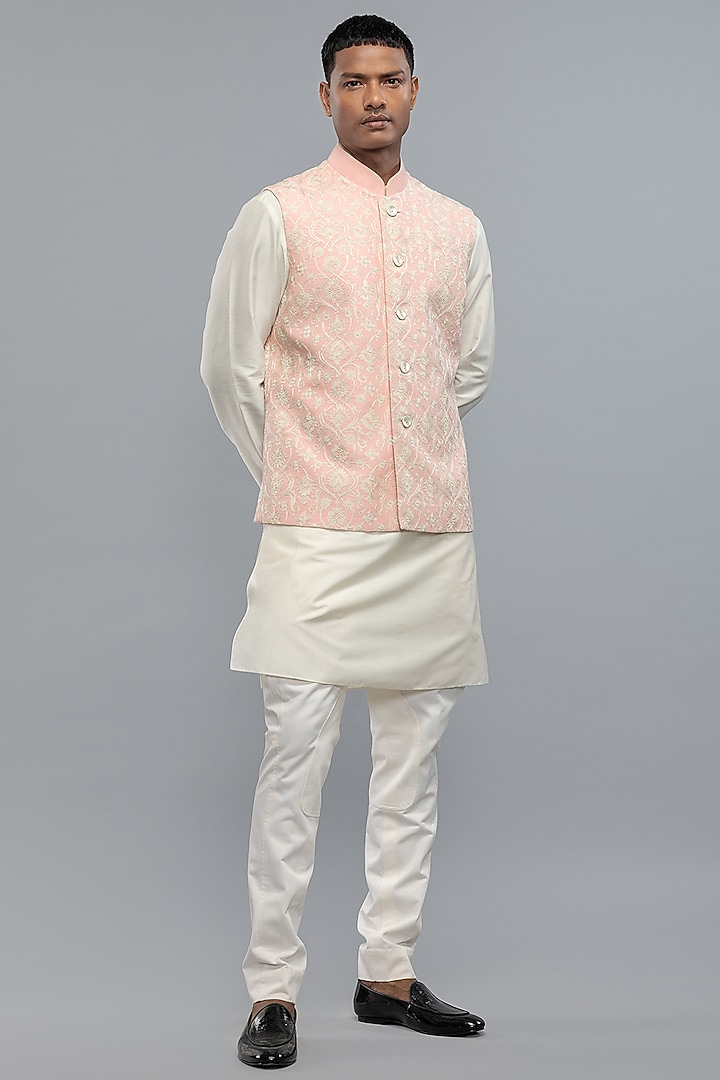Powder Pink Matka Silk Resham Embroidered Bundi Jacket by Rohit Bal Men at Pernia's Pop Up Shop