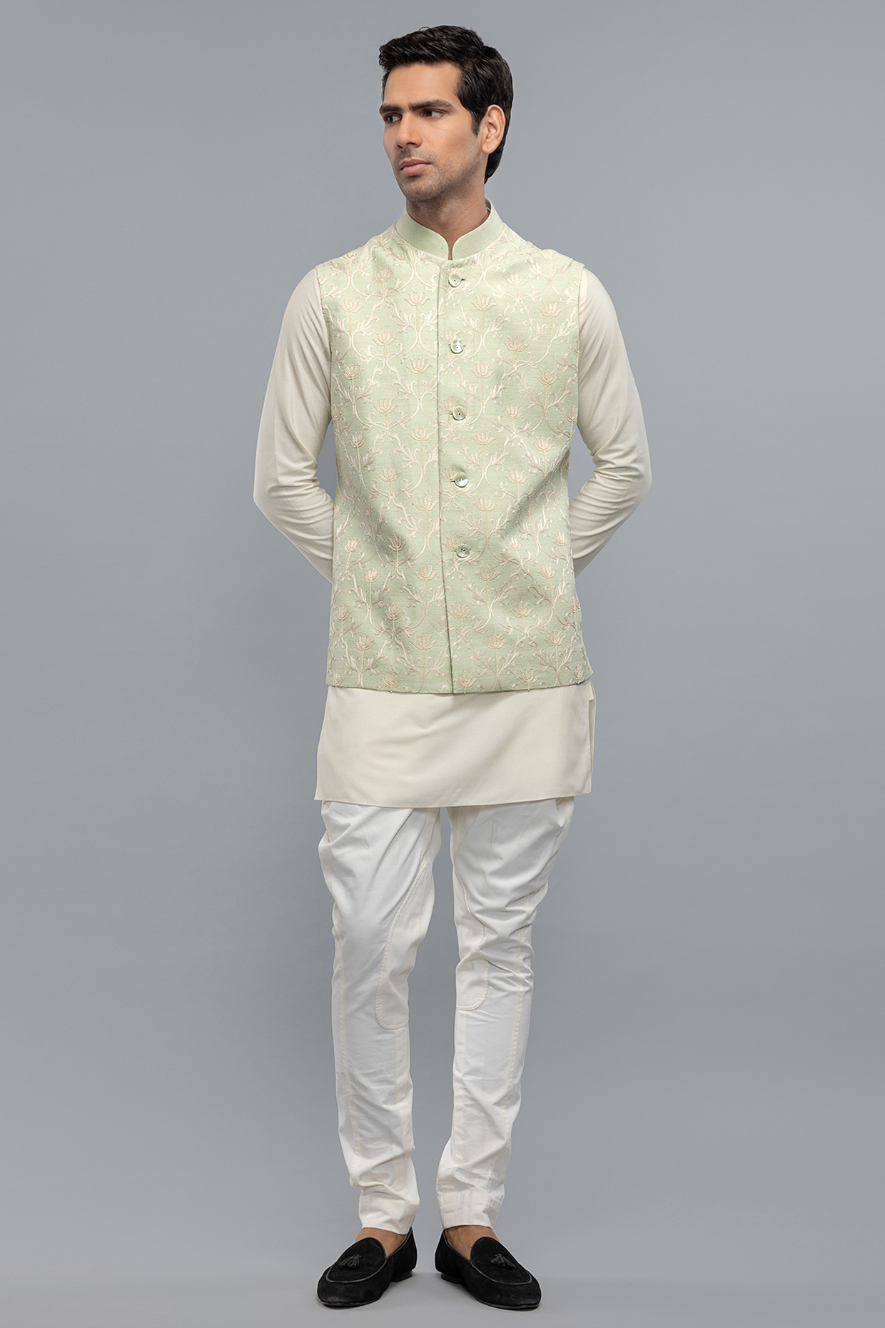 Ivory Matka Silk Resham Embroidered Bundi Jacket by Rohit Bal Men