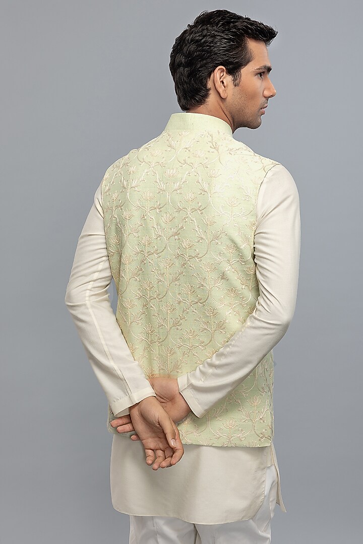 Ivory Matka Silk Resham Embroidered Bundi Jacket by Rohit Bal Men at Pernia's Pop Up Shop