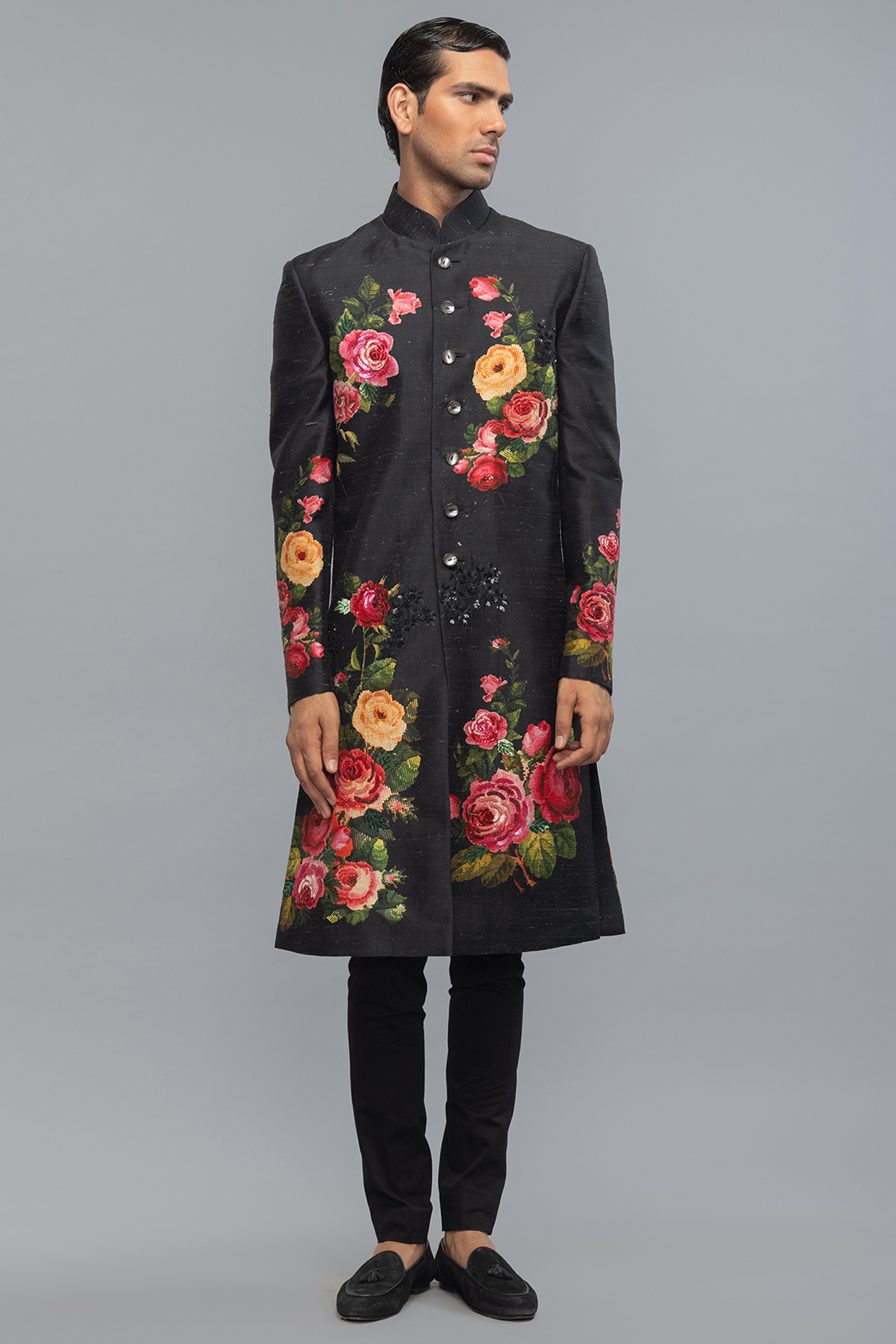 Black Matka Silk Hand & Machine Embroidered Sherwani by Rohit Bal Men