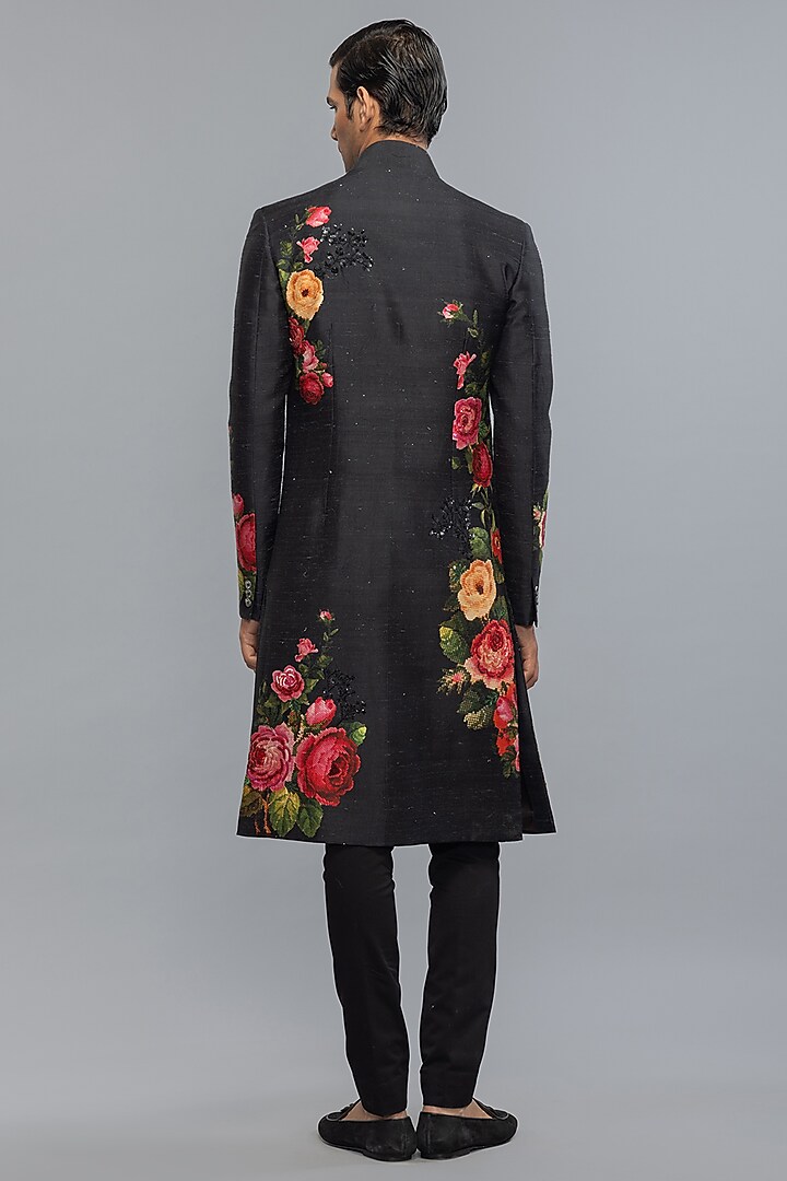 Black Matka Silk Hand & Machine Embroidered Groom Sherwani by Rohit Bal Men at Pernia's Pop Up Shop