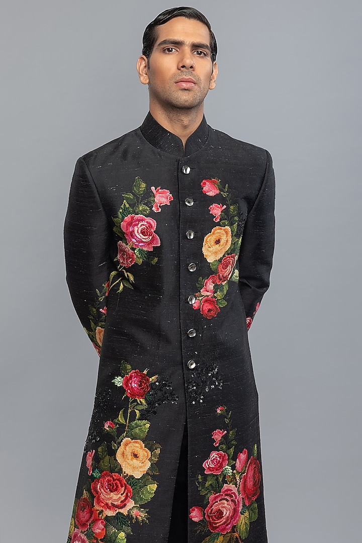 Black Matka Silk Hand & Machine Embroidered Groom Sherwani by Rohit Bal Men at Pernia's Pop Up Shop