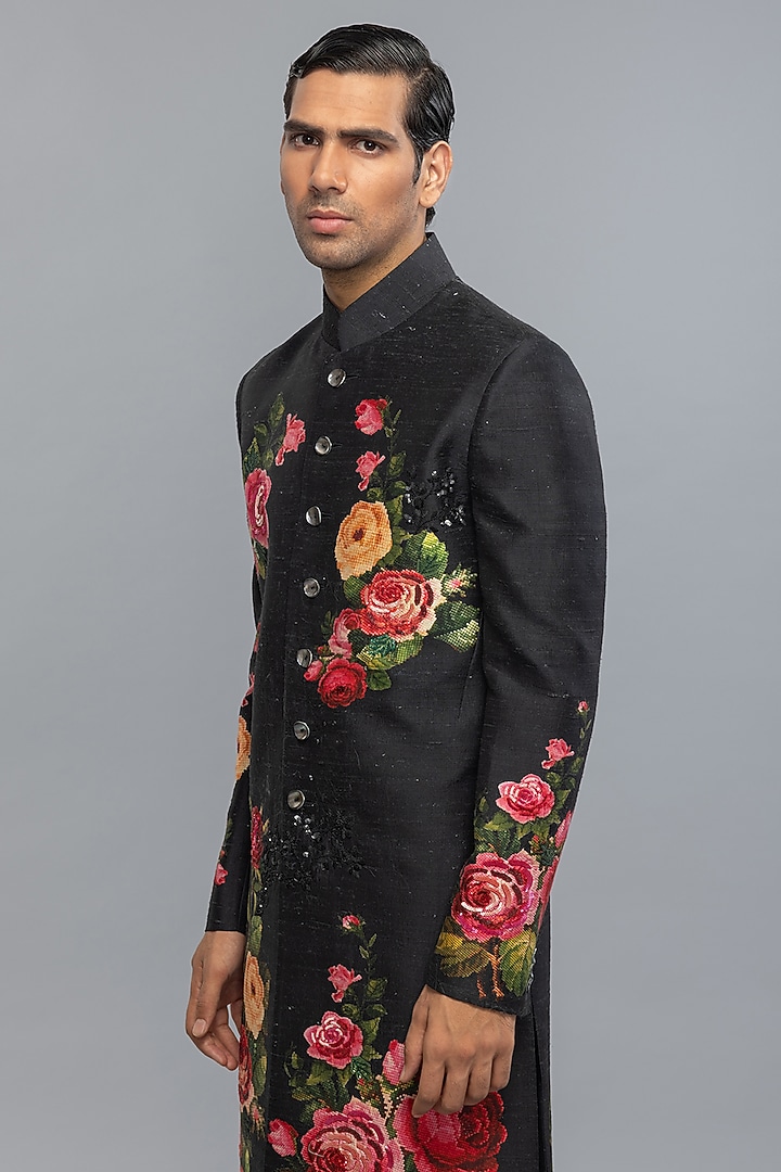Black Matka Silk Hand & Machine Embroidered Groom Sherwani by Rohit Bal Men at Pernia's Pop Up Shop
