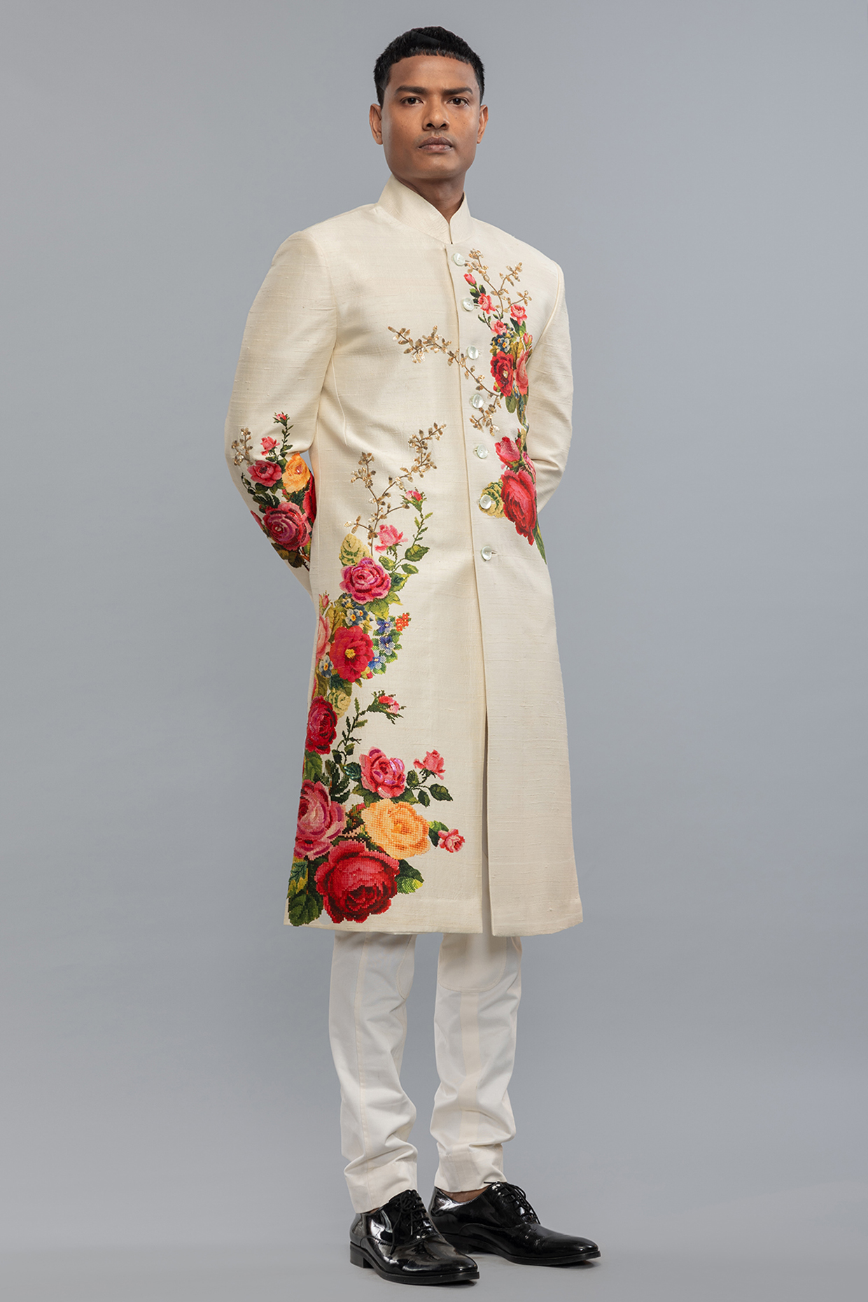 Ivory Matka Silk Hand & Machine Embroidered Sherwani by Rohit Bal Men