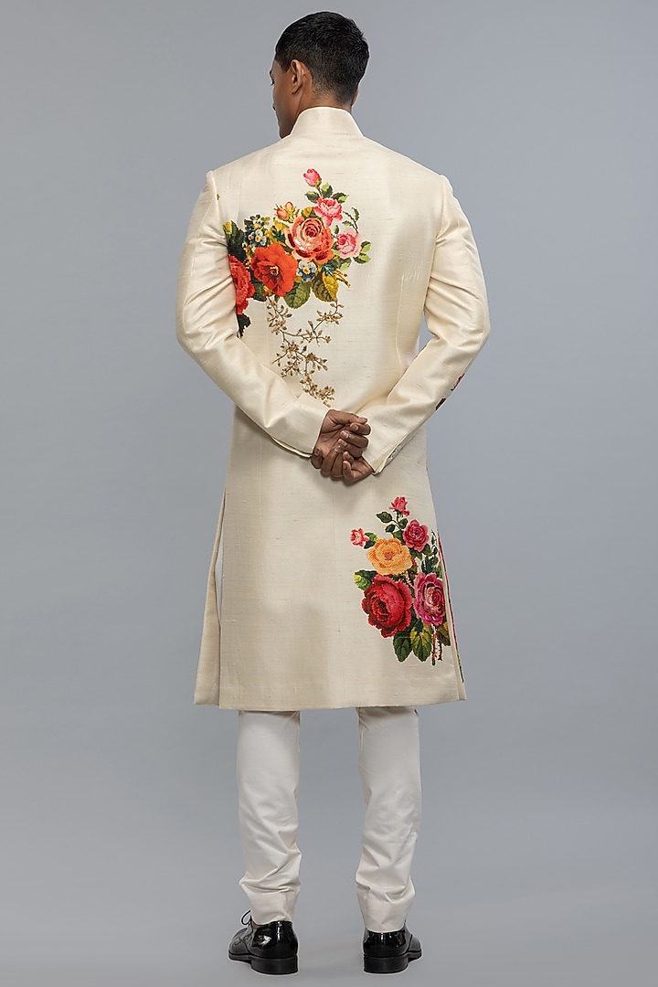 Ivory Matka Silk Hand & Machine Embroidered Groom Sherwani by Rohit Bal Men at Pernia's Pop Up Shop