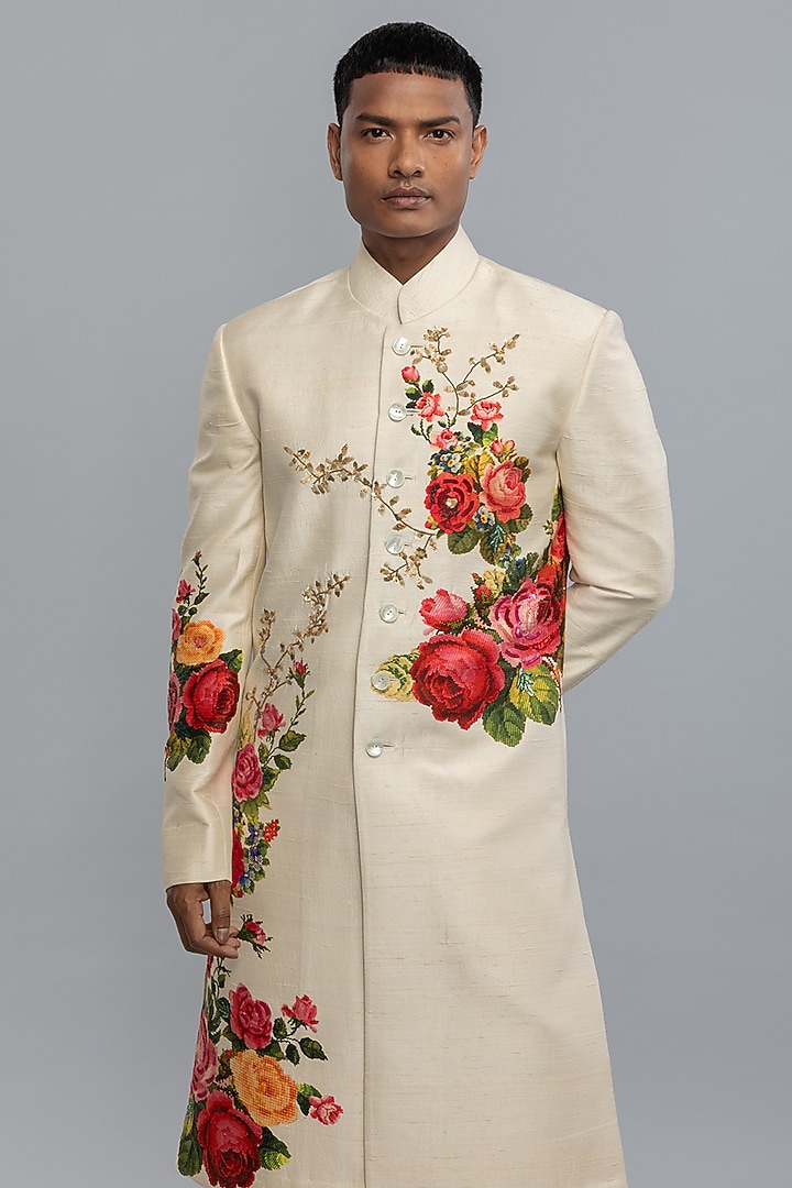 Ivory Matka Silk Hand & Machine Embroidered Groom Sherwani by Rohit Bal Men at Pernia's Pop Up Shop