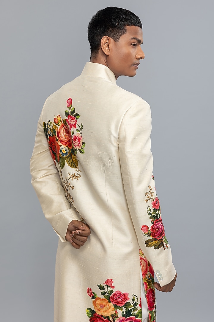 Ivory Matka Silk Hand & Machine Embroidered Groom Sherwani by Rohit Bal Men at Pernia's Pop Up Shop