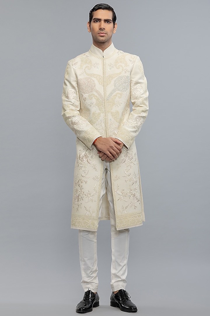 Ivory Matka Silk Hand & Machine Embroidered Groom Sherwani by Rohit Bal Men at Pernia's Pop Up Shop