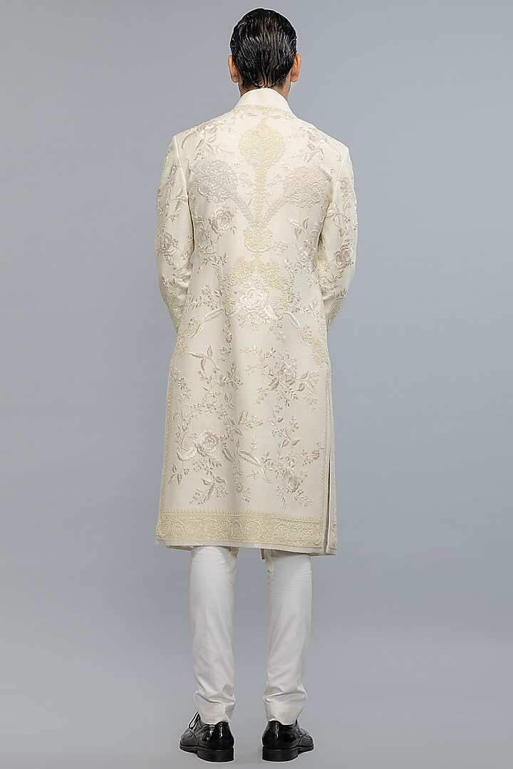 Ivory Matka Silk Hand & Machine Embroidered Groom Sherwani by Rohit Bal Men at Pernia's Pop Up Shop