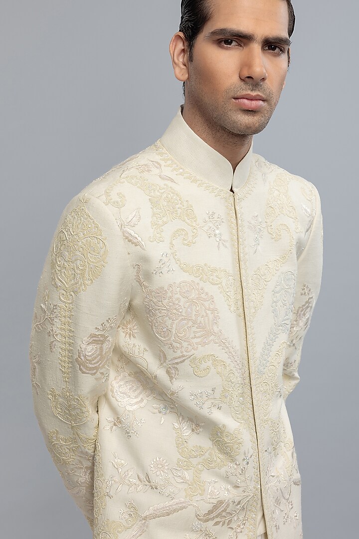 Ivory Matka Silk Hand & Machine Embroidered Groom Sherwani by Rohit Bal Men at Pernia's Pop Up Shop