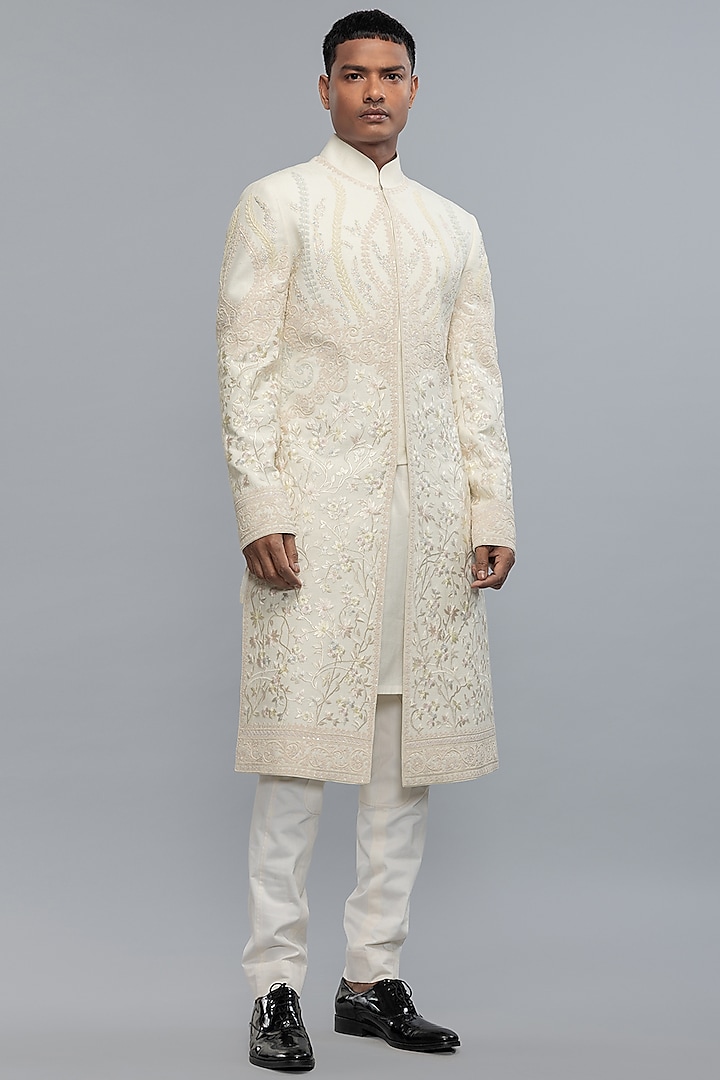Ivory Matka Silk Hand & Machine Embroidered Groom Sherwani by Rohit Bal Men at Pernia's Pop Up Shop