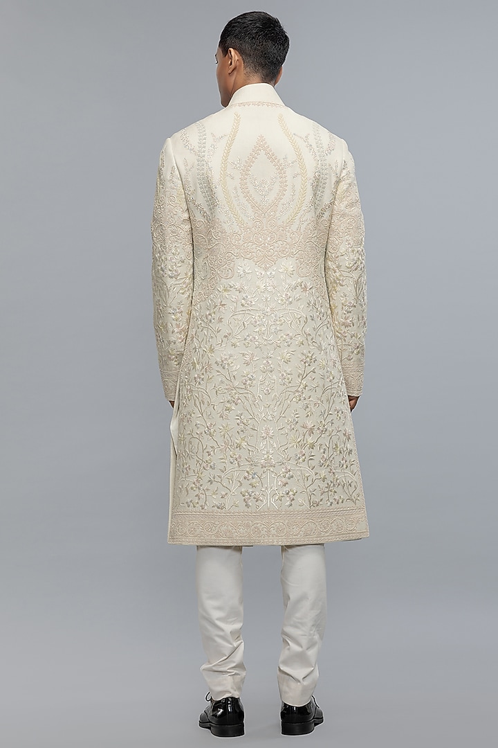 Ivory Matka Silk Hand & Machine Embroidered Groom Sherwani by Rohit Bal Men at Pernia's Pop Up Shop