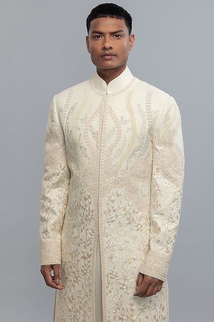 Ivory Matka Silk Hand & Machine Embroidered Groom Sherwani by Rohit Bal Men at Pernia's Pop Up Shop