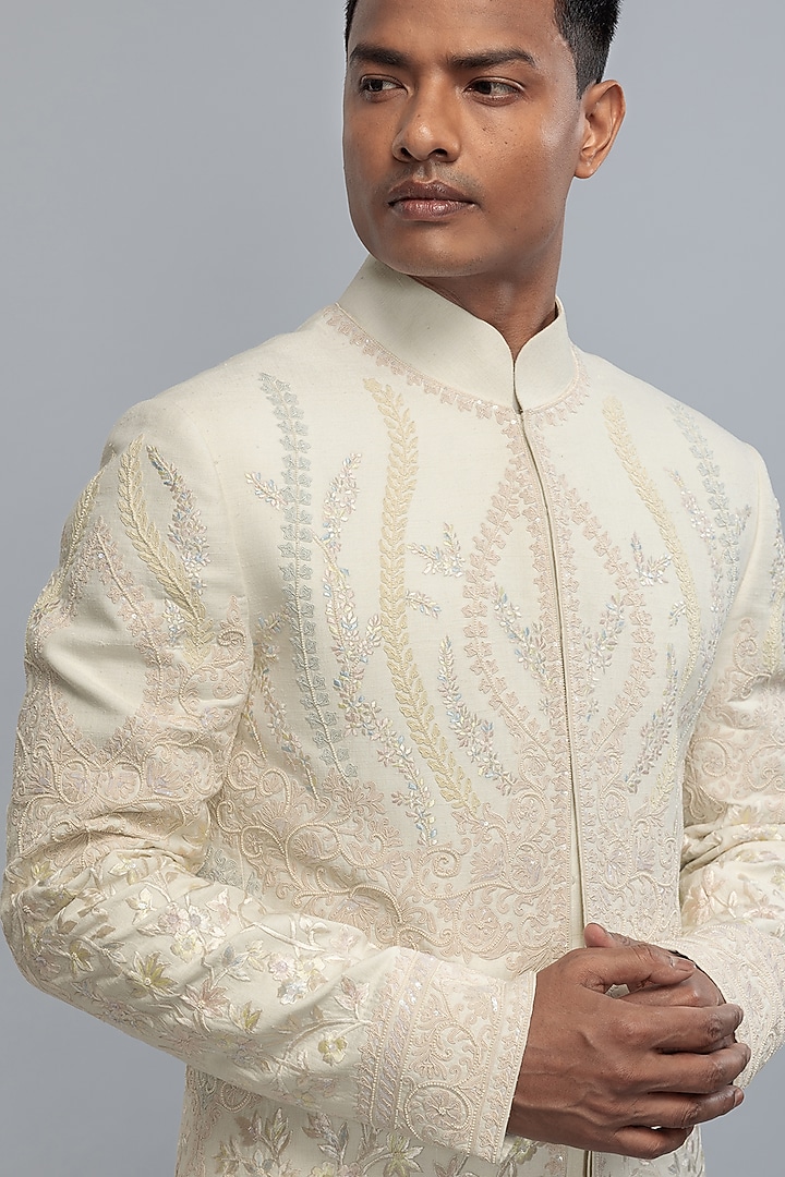 Ivory Matka Silk Hand & Machine Embroidered Groom Sherwani by Rohit Bal Men at Pernia's Pop Up Shop