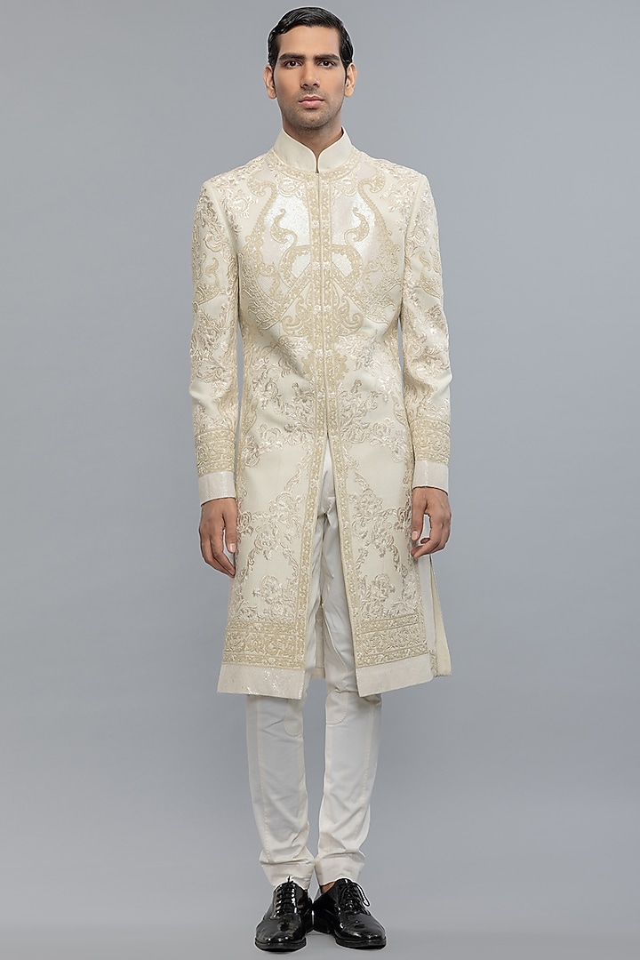Ivory Matka Silk Hand & Machine Embroidered Groom Sherwani by Rohit Bal Men at Pernia's Pop Up Shop