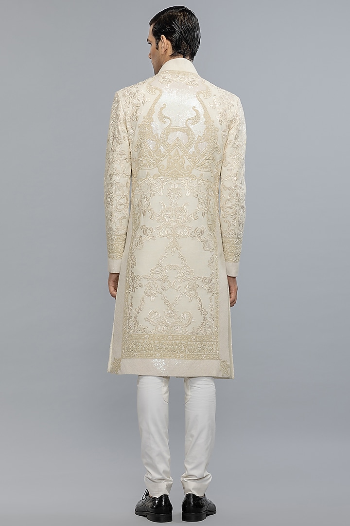 Ivory Matka Silk Hand & Machine Embroidered Groom Sherwani by Rohit Bal Men at Pernia's Pop Up Shop