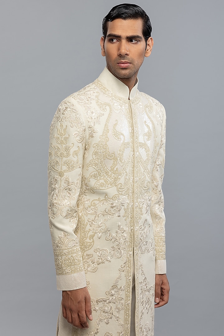 Ivory Matka Silk Hand & Machine Embroidered Groom Sherwani by Rohit Bal Men at Pernia's Pop Up Shop