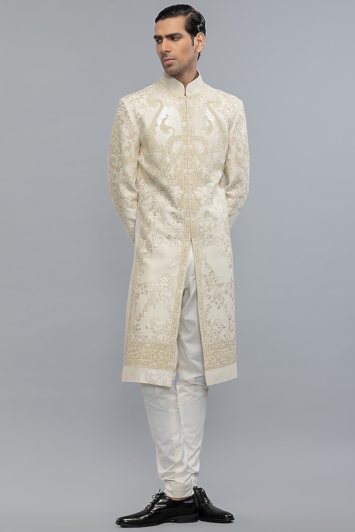 Ivory Matka Silk Hand & Machine Embroidered Groom Sherwani by Rohit Bal Men at Pernia's Pop Up Shop