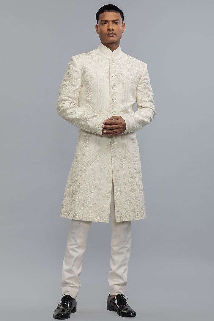 Ivory Matka Silk Hand & Machine Embroidered Groom Sherwani by Rohit Bal Men at Pernia's Pop Up Shop