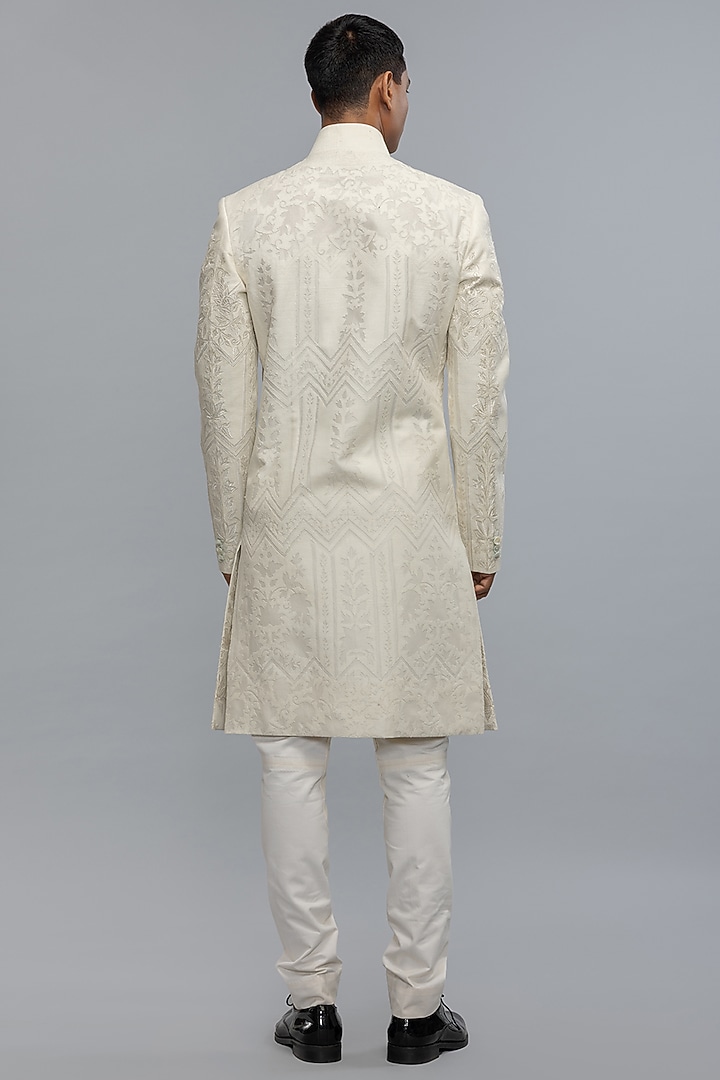 Ivory Matka Silk Hand & Machine Embroidered Groom Sherwani by Rohit Bal Men at Pernia's Pop Up Shop