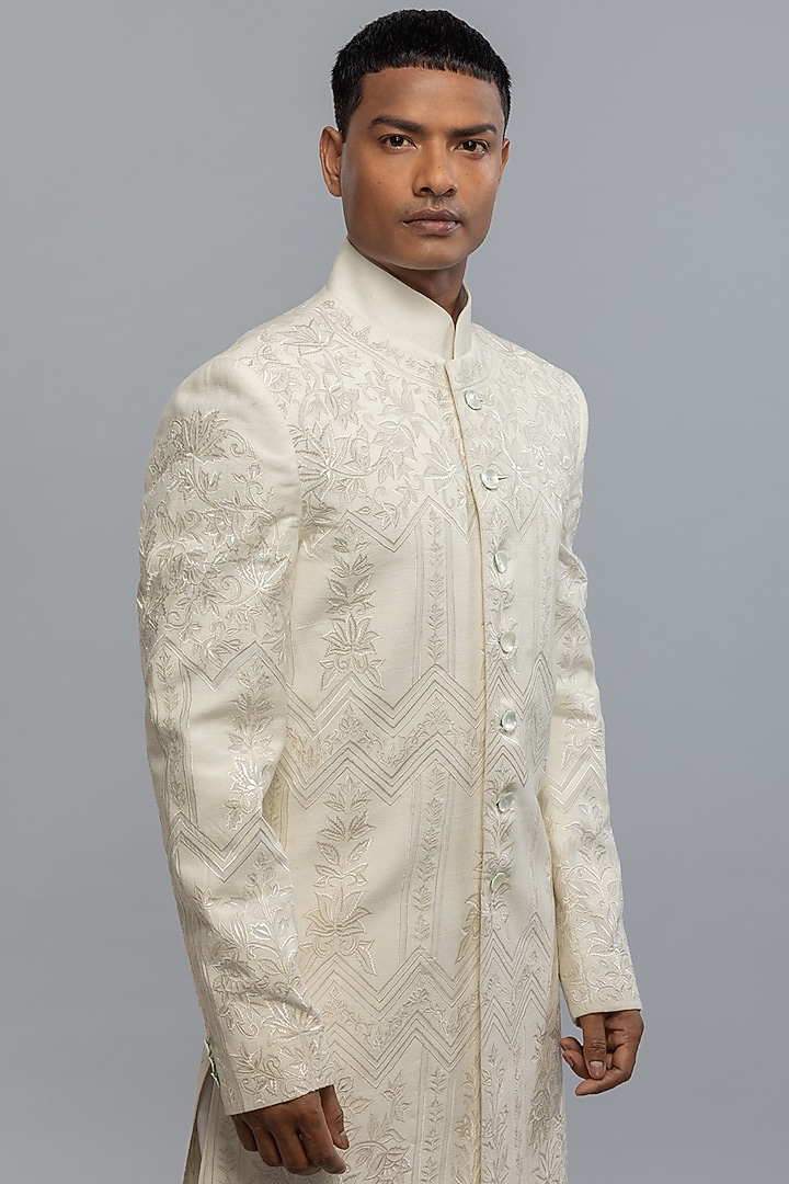 Ivory Matka Silk Hand & Machine Embroidered Groom Sherwani by Rohit Bal Men at Pernia's Pop Up Shop