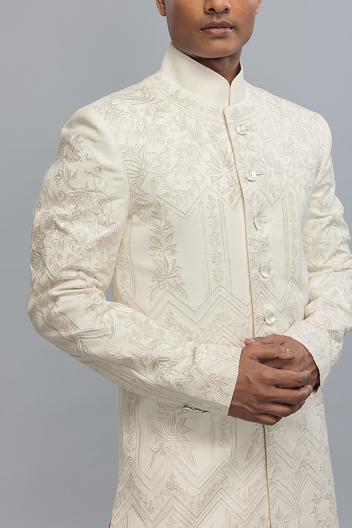 Ivory Matka Silk Hand & Machine Embroidered Groom Sherwani by Rohit Bal Men at Pernia's Pop Up Shop